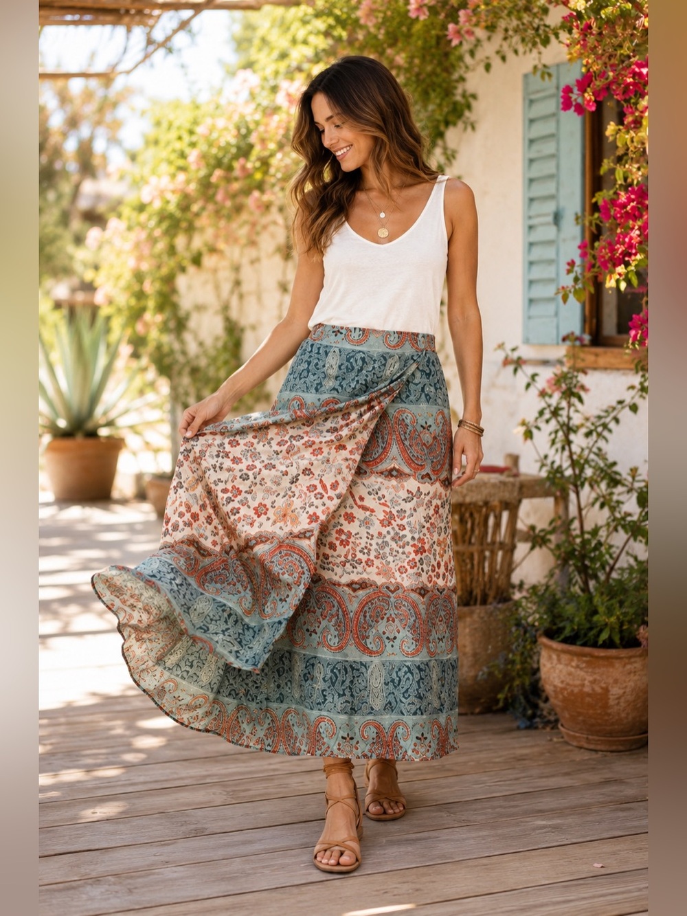 Judith Hart Petite 12P Y2K Boho Midi Skirt Paisley Floral Metallic Faux Wrap